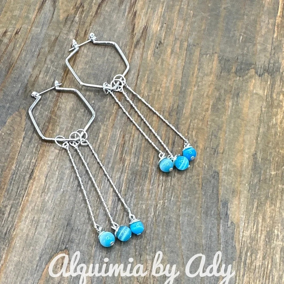 Blue cat's eye dangle extra long tassel balanced bar earrings - Picture 1 of 3